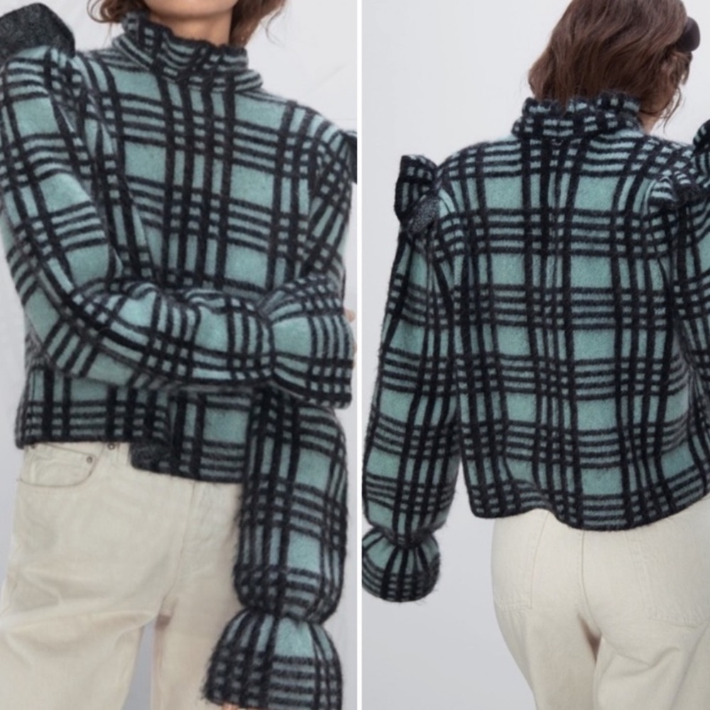 🔖 S ZARA Checked Wool Mohair Knit Sweater Green Aqua Ruffle Shoulder